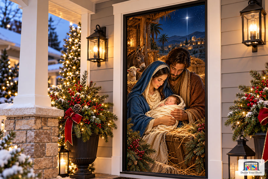 Holy Family in Golden Light Front Door Cover on the approved Christmas porch, angled view.