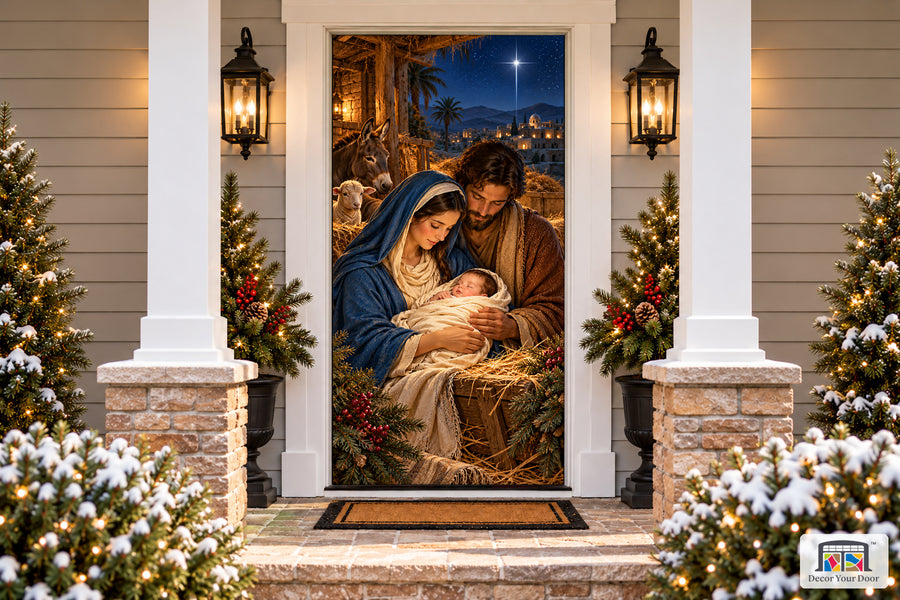 Holy Family in Golden Light Front Door Cover on a snowy Christmas porch, front view.