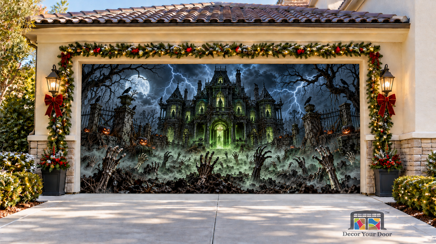 House of the Undead Halloween Garage Door Cover — two-car front view
