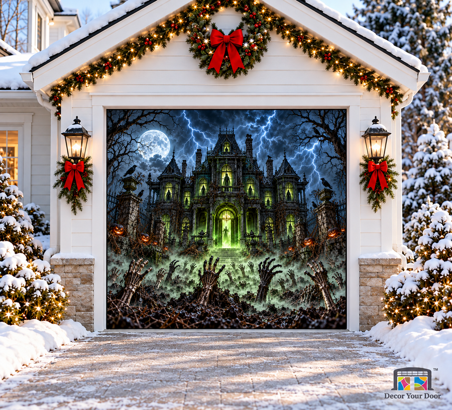House of the Undead Halloween Garage Door Cover — one-car front view