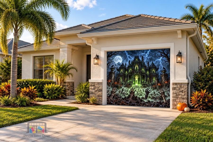 Alternate view of House of the Undead Halloween Garage Door Cover