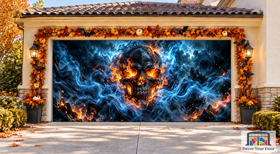 Inferno Skull Halloween garage door cover – Two Car front view