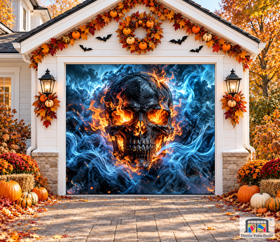Inferno Skull Halloween garage door cover – One Car front view