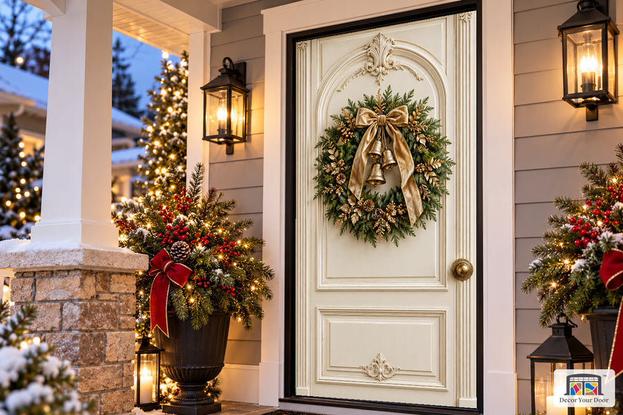 Ivory Palace Christmas Front Door Cover on the approved Christmas porch, angled view.