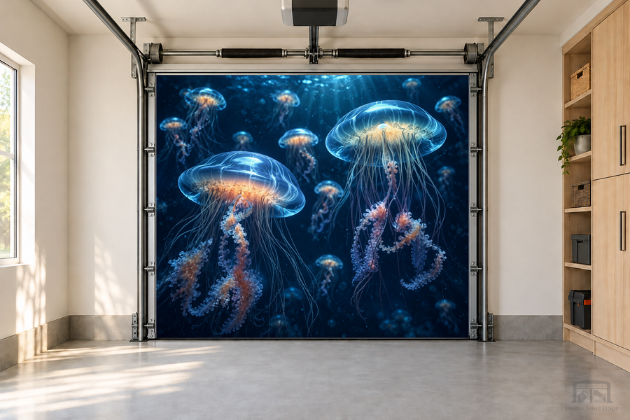 Jellyfish Drift interior garage door cover — one-car garage front view