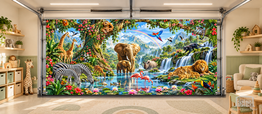 Jungle Dreams interior garage door cover — TwoCar-front in a nursery garage playroom