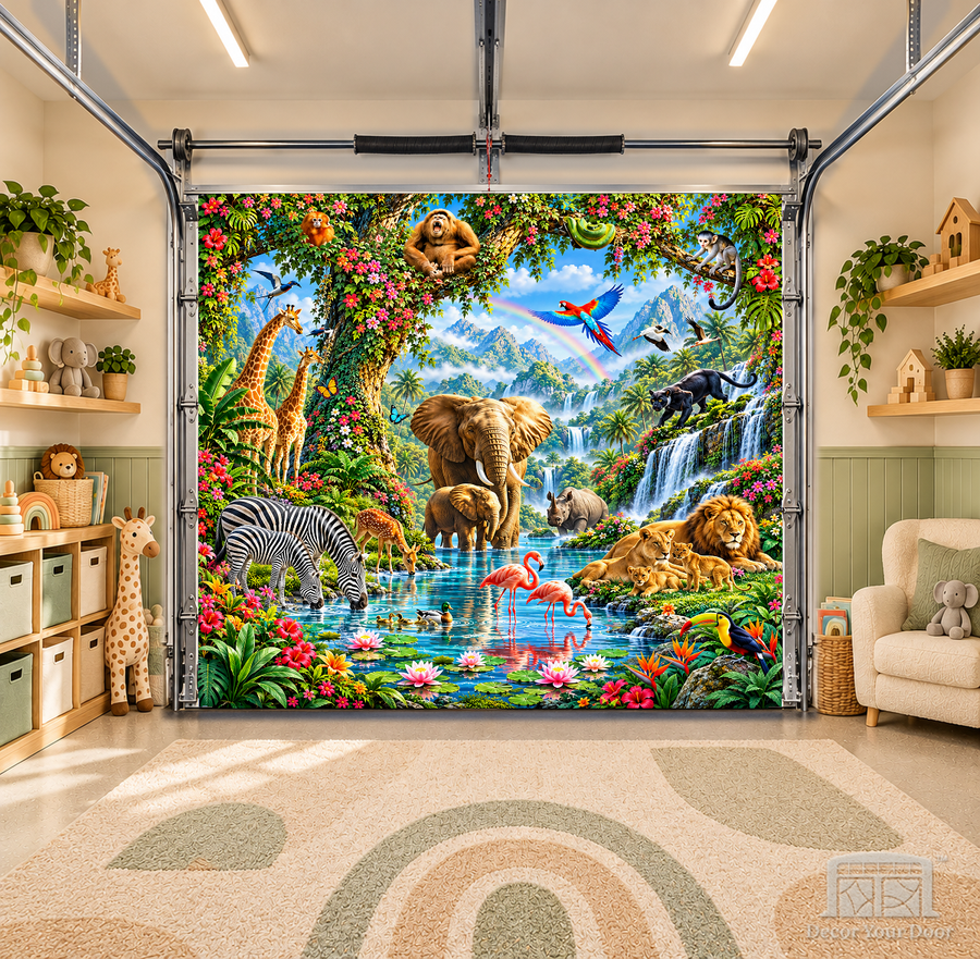 Jungle Dreams interior garage door cover — OneCar-front in a nursery garage playroom