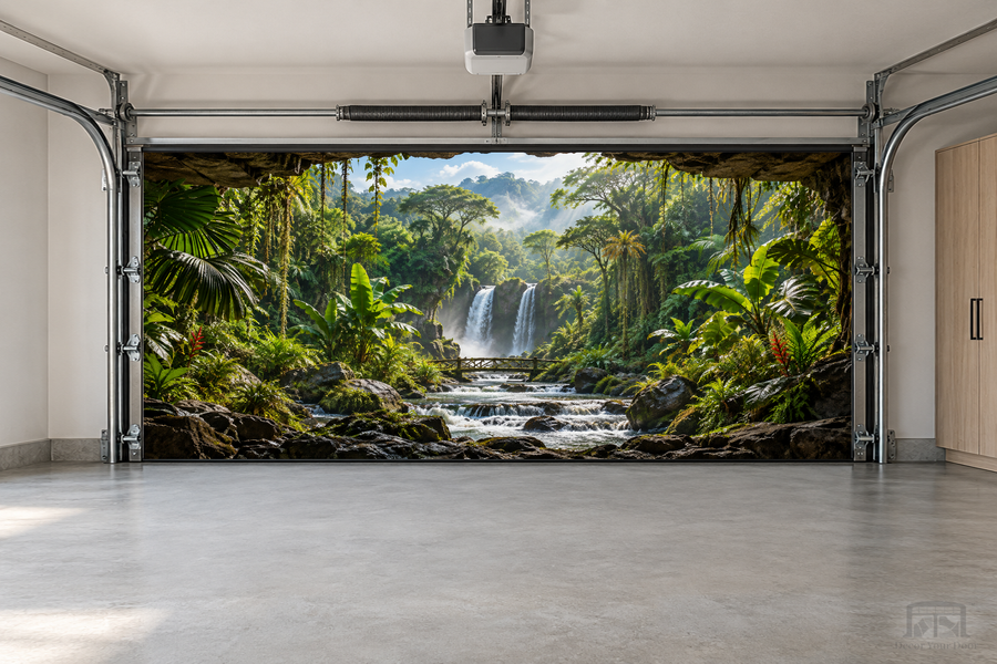 Jungle Falls View interior garage door cover — two-car front view