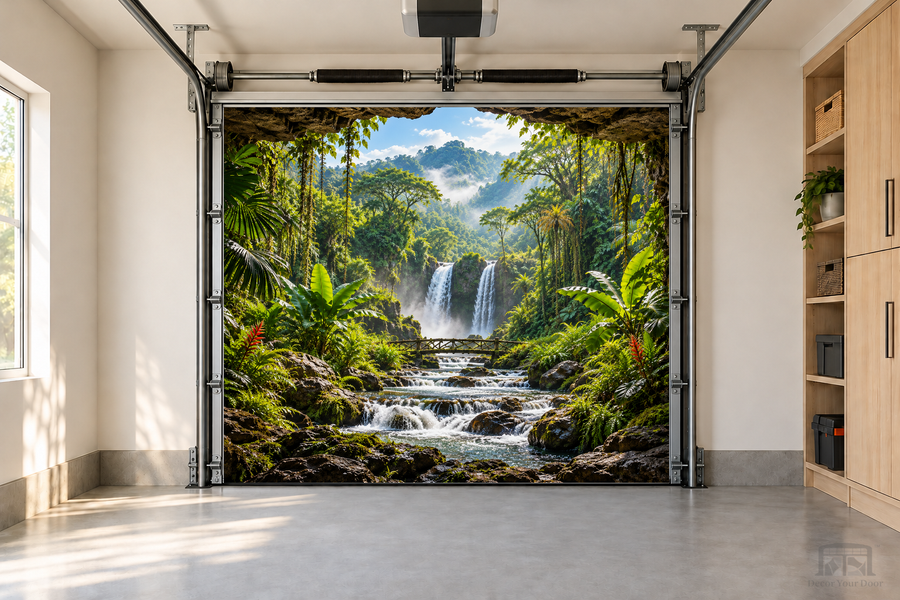 Jungle Falls View interior garage door cover — one-car front view