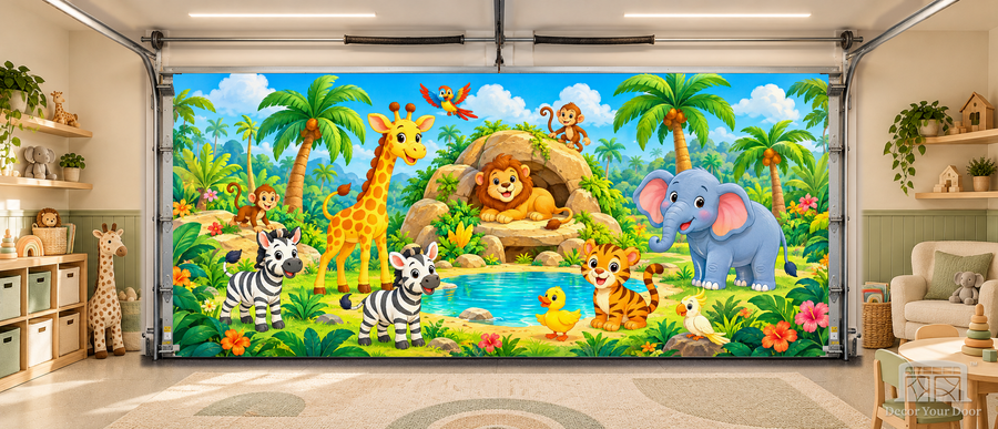 Jungle Friends Adventure interior garage door cover — TwoCar-front in a nursery garage playroom