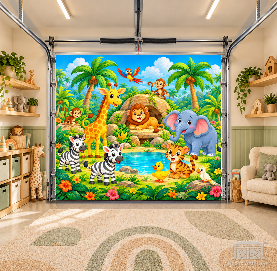 Jungle Friends Adventure interior garage door cover — OneCar-front in a nursery garage playroom