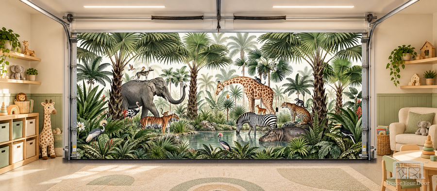 Jungle Gatherings interior garage door cover — TwoCar-front in a nursery garage playroom