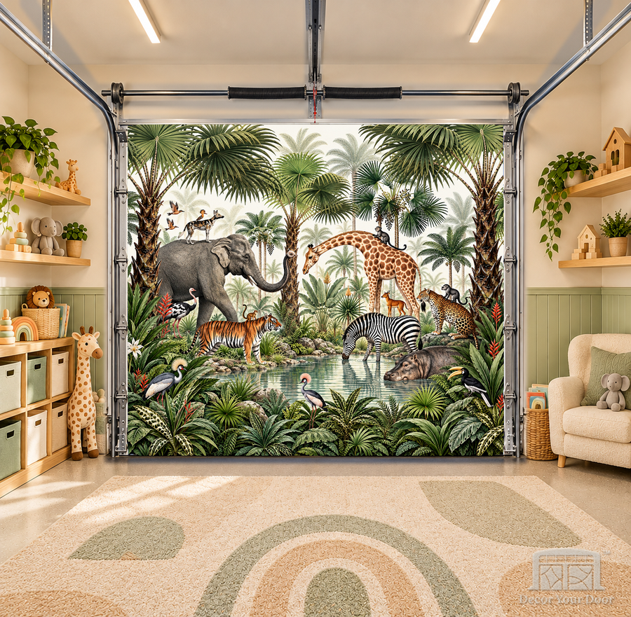 Jungle Gatherings interior garage door cover — OneCar-front in a nursery garage playroom