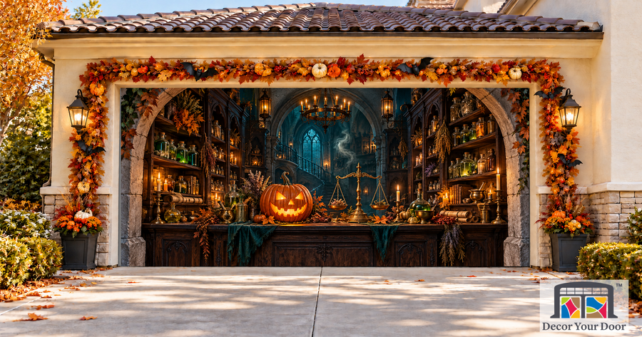 Lanternkeeper’s Apothecary Halloween Garage Door Cover — two car front mockup