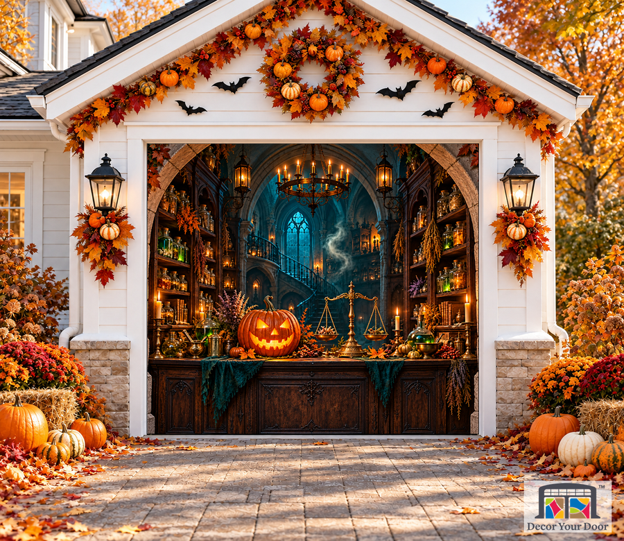 Lanternkeeper’s Apothecary Halloween Garage Door Cover — one car front mockup
