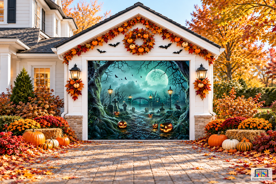 Lanterns in Graveyard Halloween garage door cover — one car front, continuous artwork