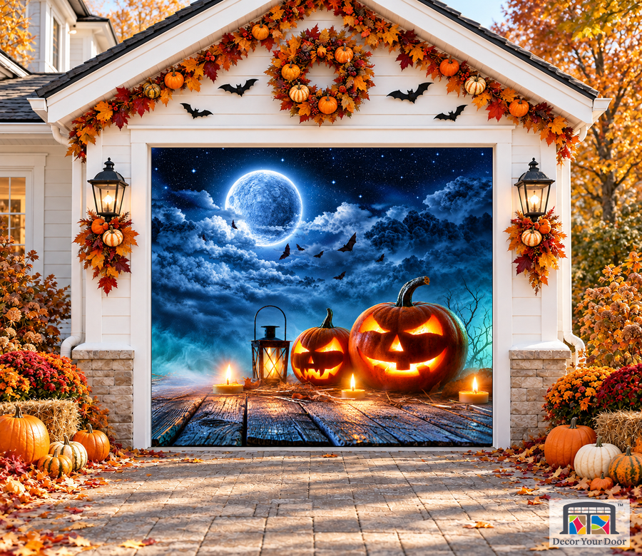 Decor Your Door™ Lanterns Glowing At Moonlight — One Car Front