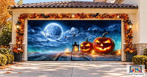 Faroles iluminados a la luz de la luna en una noche tenebrosa: fondo para la puerta del garaje.