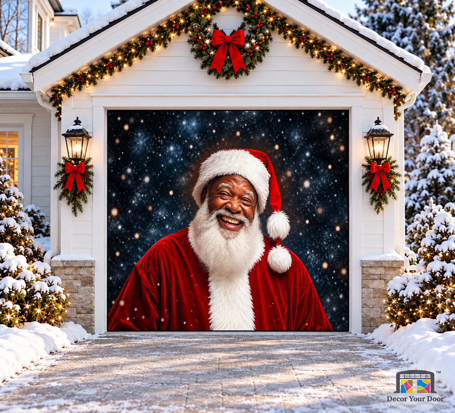 Laughing Santa Christmas Garage Door Cover — one-car garage front view