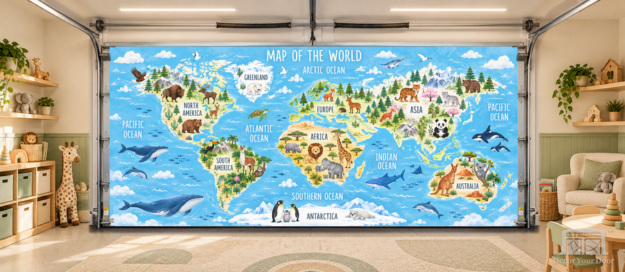 Little Explorers World Map Adventure interior garage door cover — TwoCar-front in a nursery garage playroom