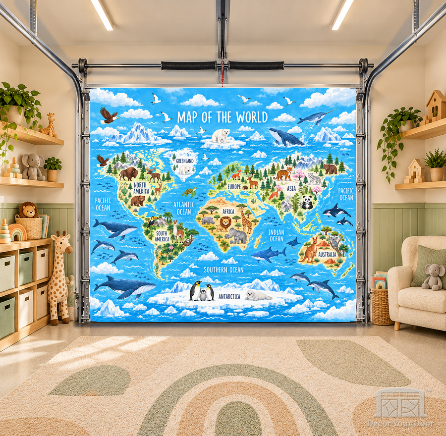 Little Explorers World Map Adventure interior garage door cover — OneCar-front in a nursery garage playroom