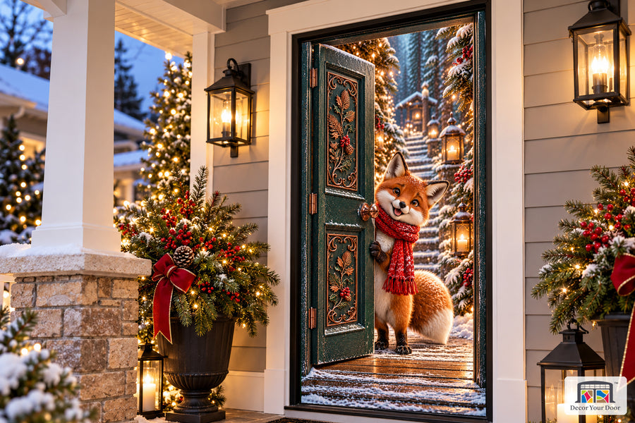 Little Fox Christmas Lanterns Front Door Cover on the approved Christmas porch, angled view with complete illustrated door.