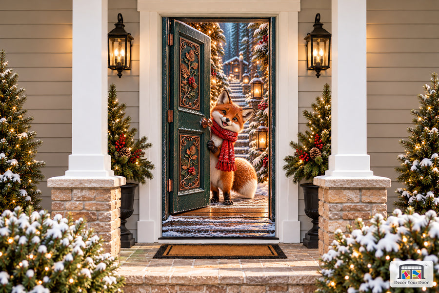 Little Fox Christmas Lanterns Front Door Cover printed 3D door illusion on a snowy Christmas porch, front view.