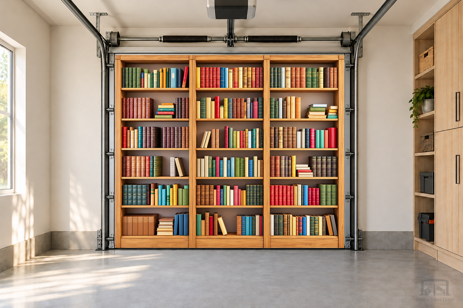 Little Reader’s Library interior garage door cover — one-car front view