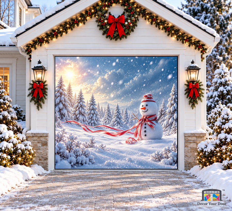 Lonely Snowman's Winter Christmas Garage Door Cover — one-car garage front view