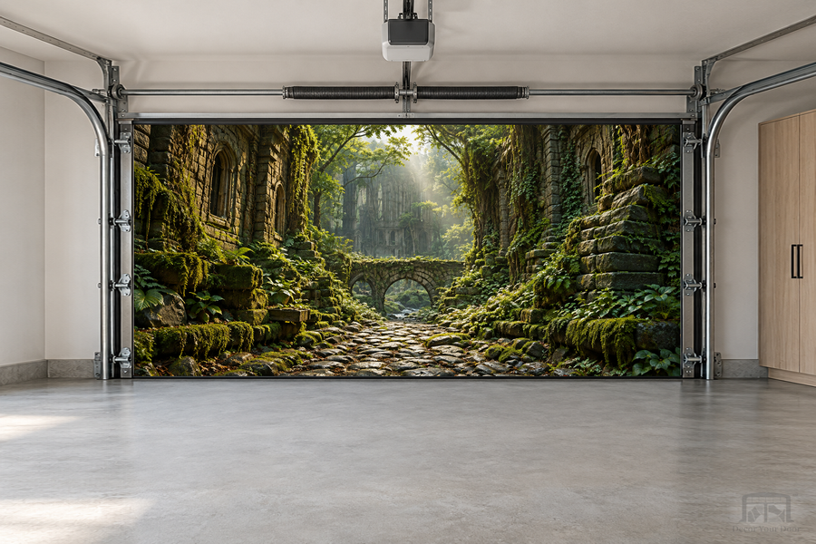 Lost Temple Path interior garage door cover — two-car front view