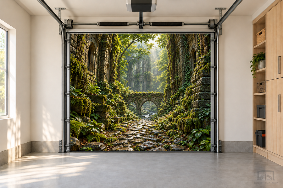 Lost Temple Path interior garage door cover — one-car front view