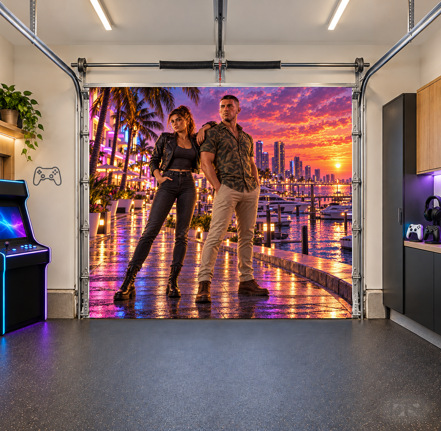 Lucia & Jason Neon Waterfront Duo interior garage door cover — one car front
