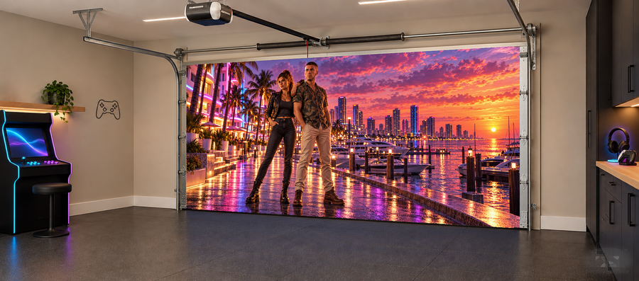 Lucia & Jason Neon Waterfront Duo interior garage door cover — two car angled