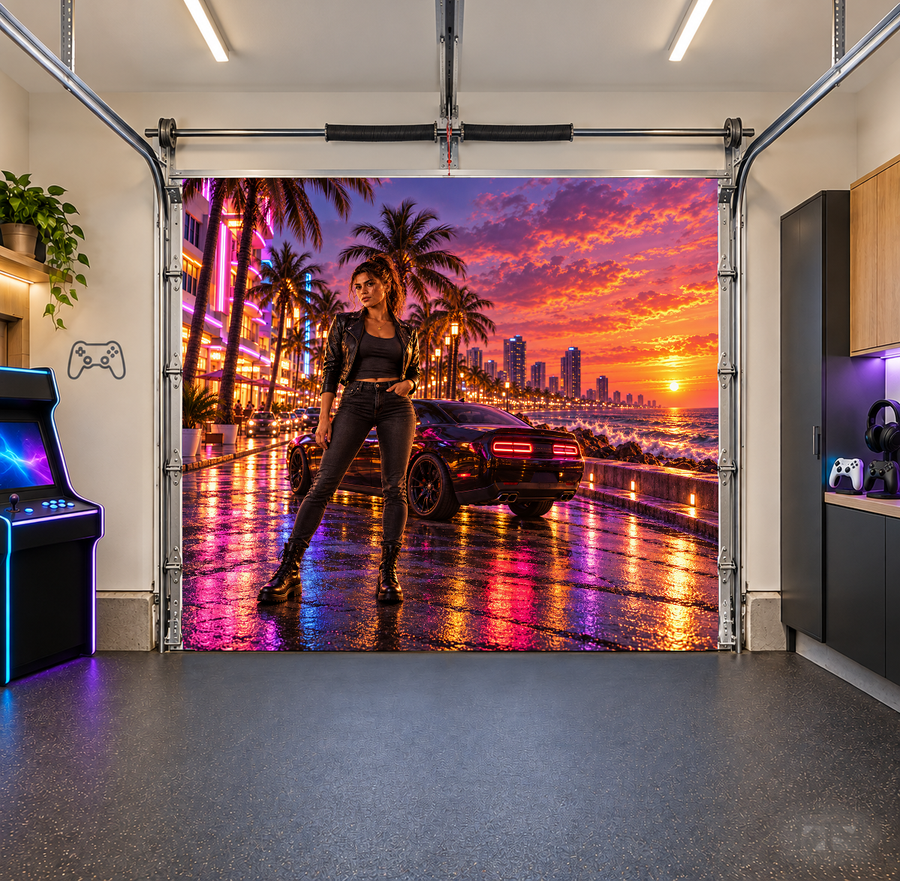 Lucia Neon Coast Portrait interior garage door cover — one car front