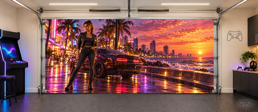 Lucia Neon Coast Portrait interior garage door cover — two car front