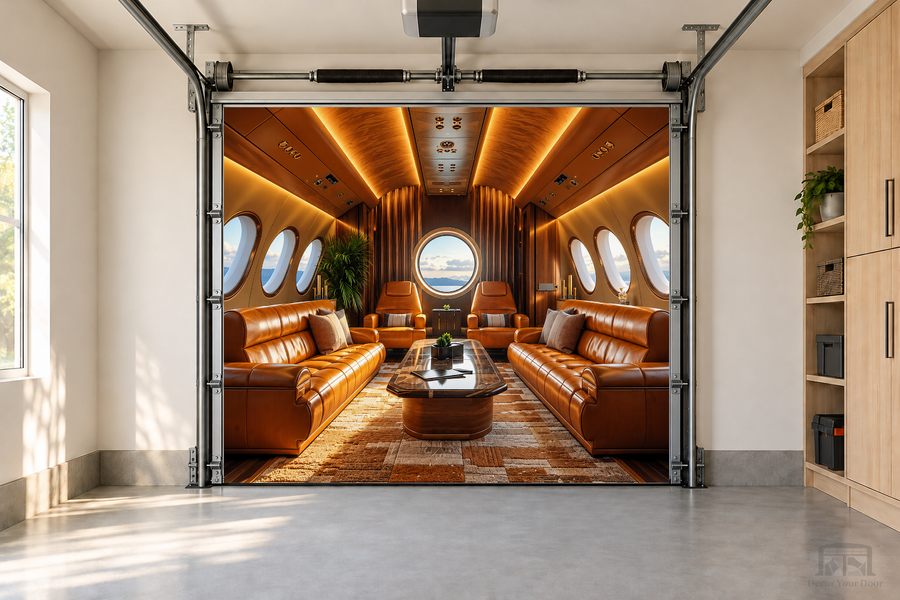 Luxe Jet Lounge interior garage door cover — one-car front view