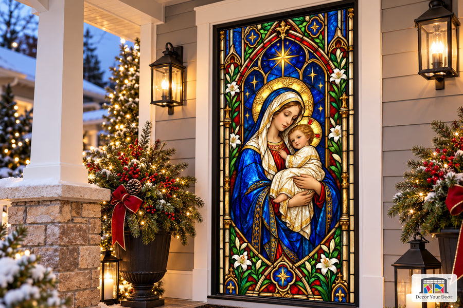 Madonna and Child Cathedral Glass Front Door Cover on the approved Christmas porch, angled view.