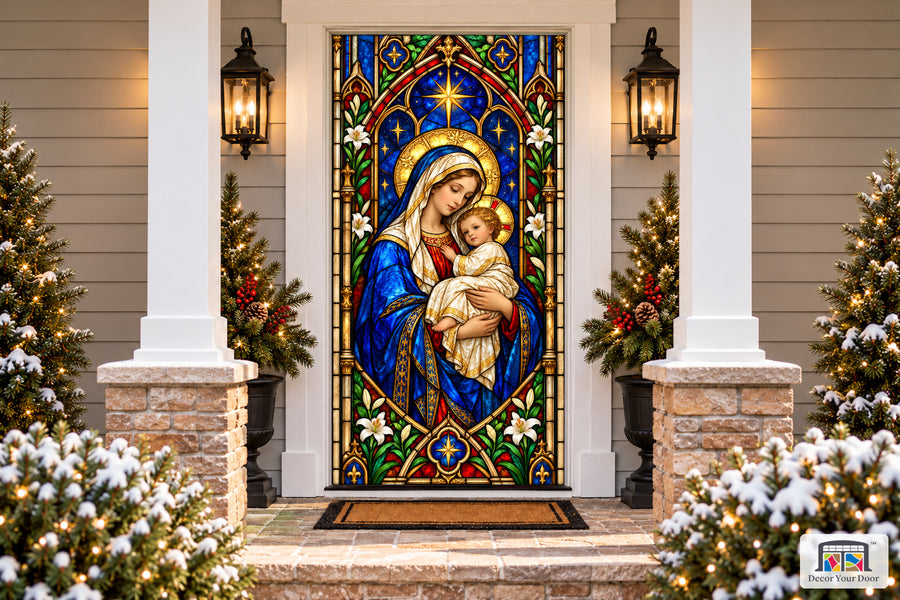 Madonna and Child Cathedral Glass Front Door Cover on a snowy Christmas porch, front view.