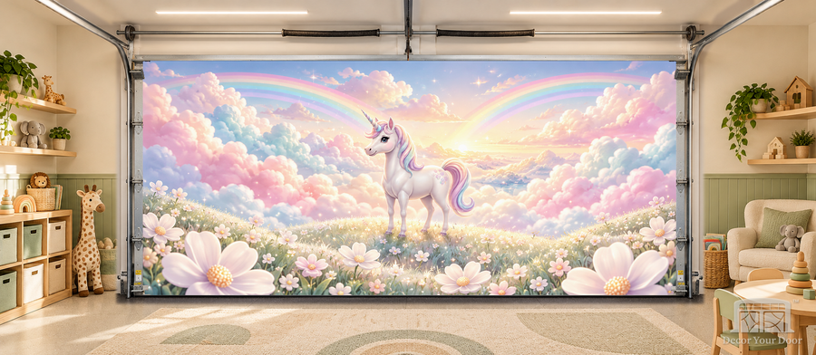 Magical Unicorn Dreamland interior garage door cover — TwoCar-front in a nursery garage playroom