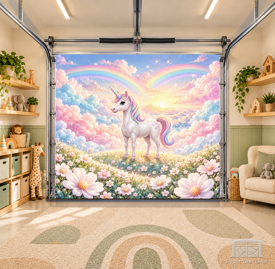 Magical Unicorn Dreamland interior garage door cover — OneCar-front in a nursery garage playroom