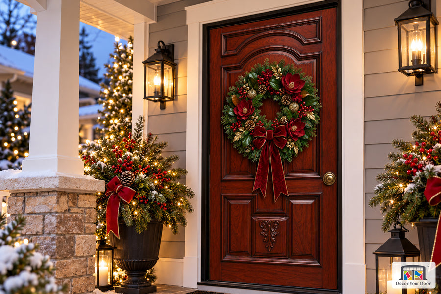 Mahogany Magnolia Christmas Front Door Cover on the approved Christmas porch, angled view.