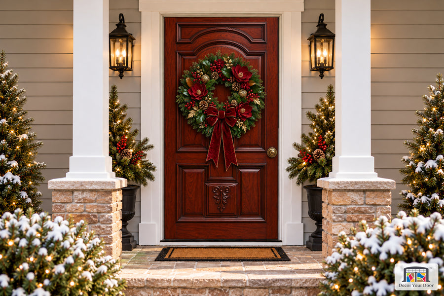 Mahogany Magnolia Christmas printed front door cover with complete carved-door design and wreath, front view.