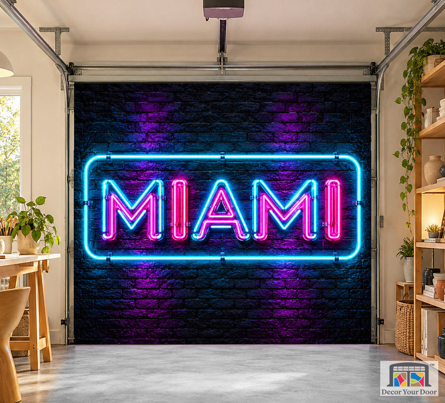 Miami Neon Nights one-car interior garage door cover, front view