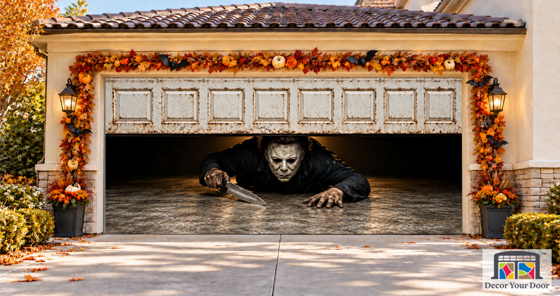 Michael Myers under a rusty garage door — Halloween exterior cover, two-car front view