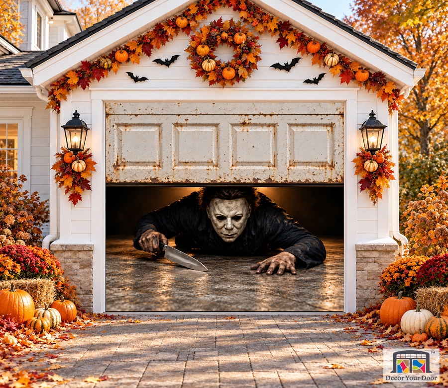 Michael Myers under a rusty garage door — Halloween exterior cover, one-car front view