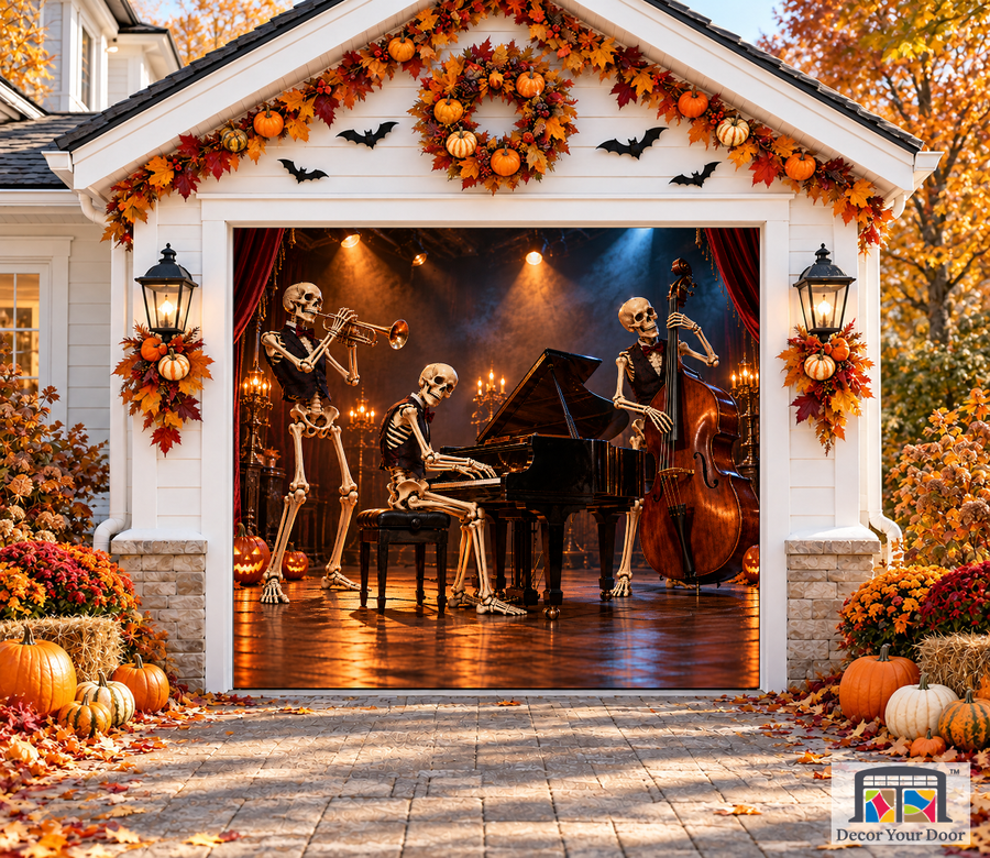 Midnight Bone Jazz Halloween Garage Door Cover — one car front mockup