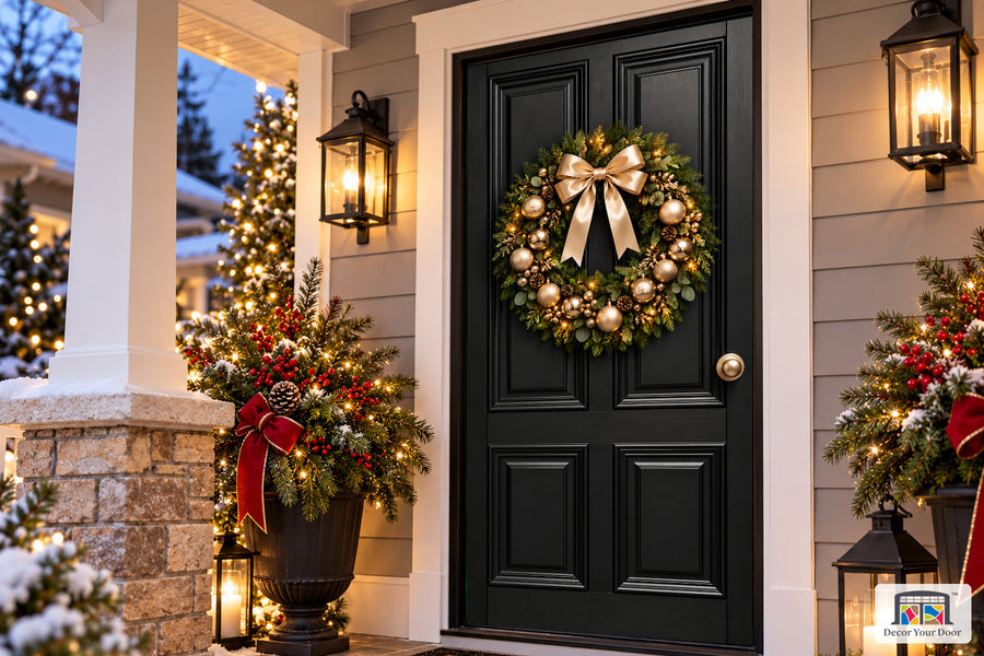 Midnight Christmas Elegance Front Door Cover on the approved Christmas porch, angled view.