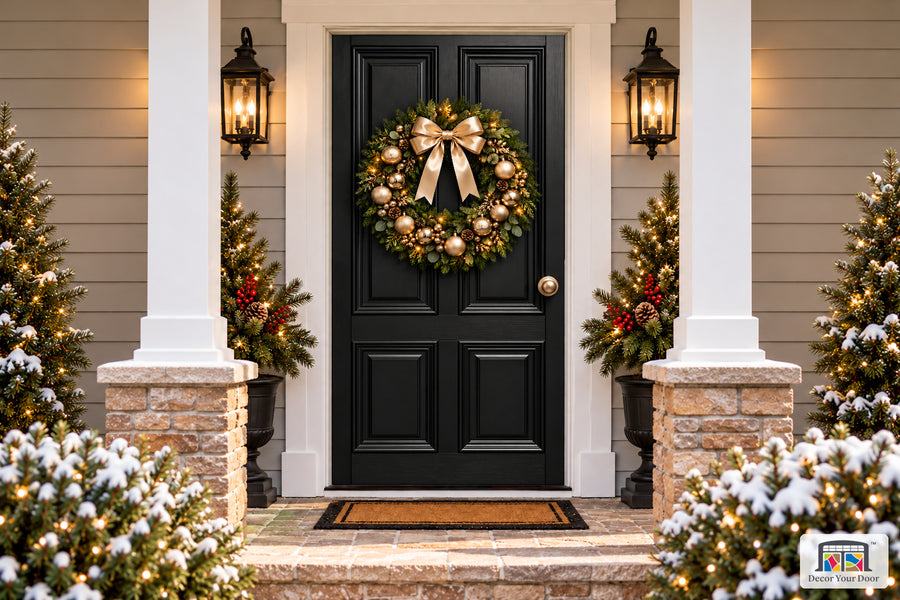 Midnight Christmas Elegance Front Door Cover on a snowy Christmas porch, front view.
