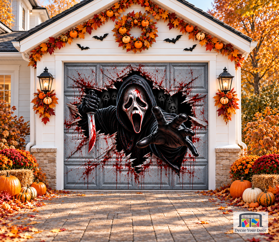 Midnight Scream Breakout Halloween garage door cover on a one-car garage, front view