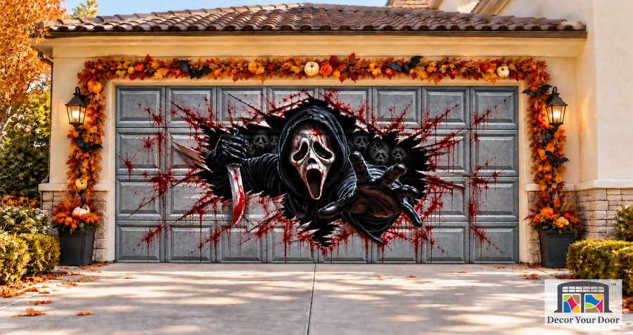 Midnight Scream Breakout Halloween garage door cover on a two-car garage, front view